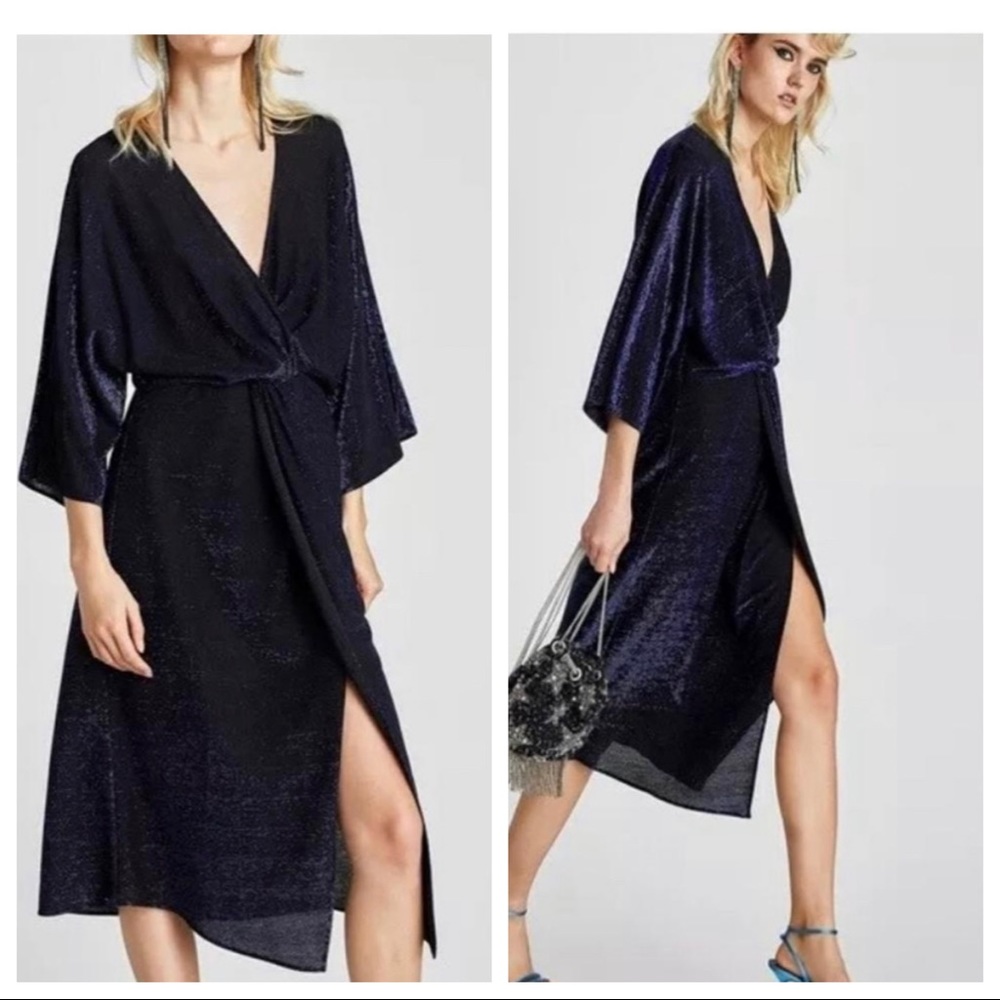 Zara night out faux wrap v-neck blue shimmer midi dress